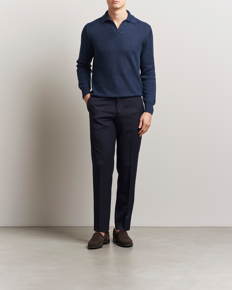 Herre | Trøjer | Gran Sasso | Linen/Cotton Open Collar Knitted Polo Navy Melange