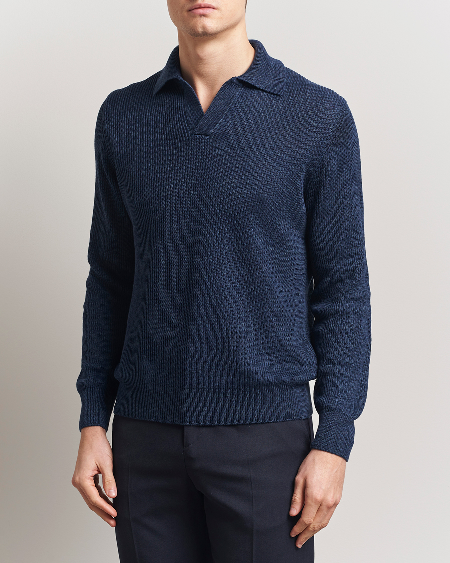 Herre | Trøjer | Gran Sasso | Linen/Cotton Open Collar Knitted Polo Navy Melange