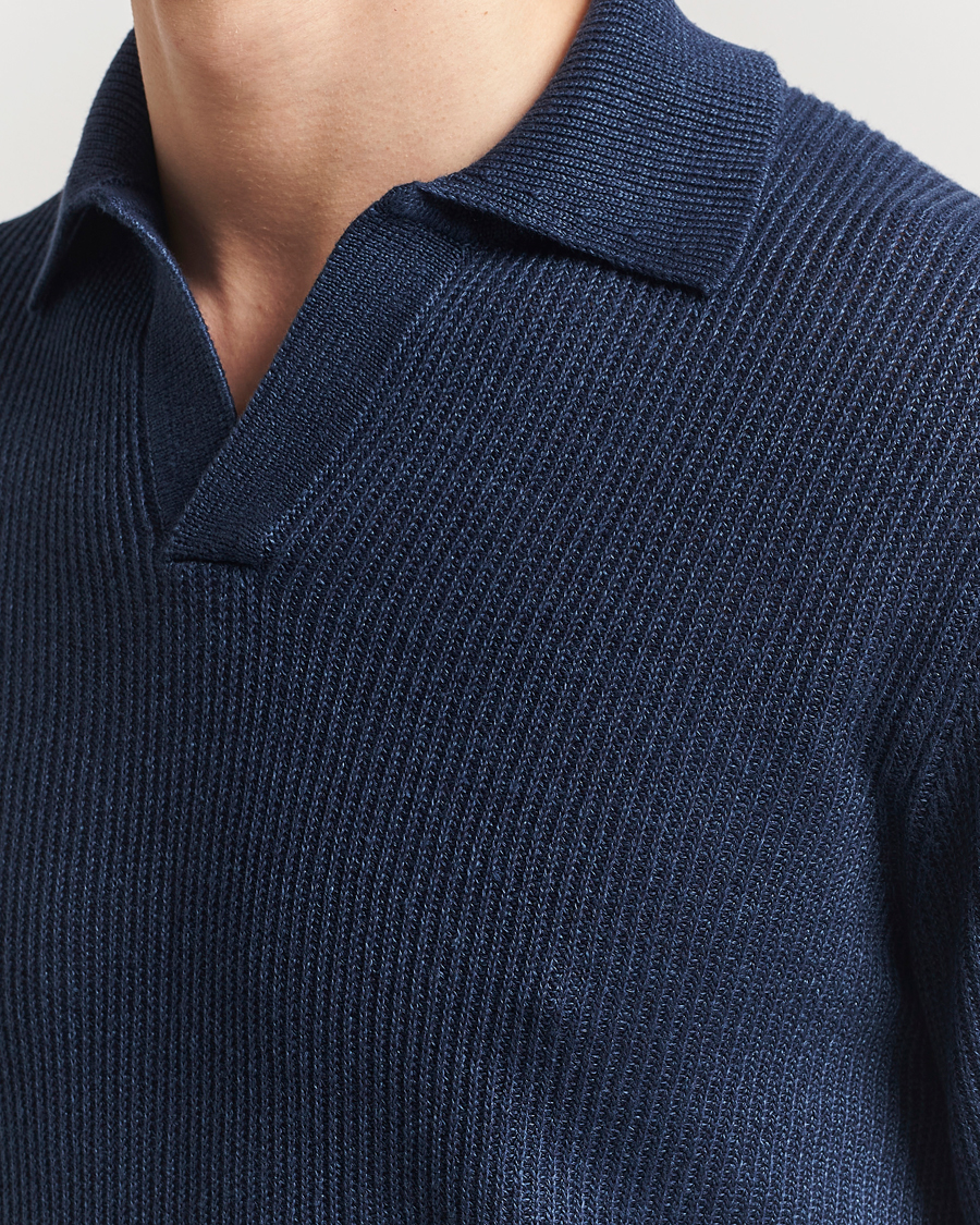 Herre | Trøjer | Gran Sasso | Linen/Cotton Open Collar Knitted Polo Navy Melange