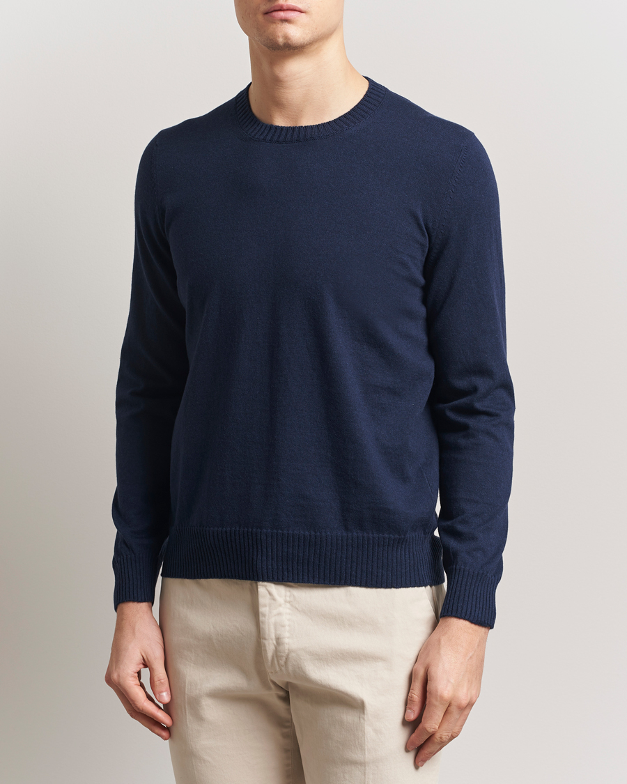 Herre | Trøjer | Gran Sasso | Cotton/Cashmere Knitted Crew Neck Sweater Navy Melange