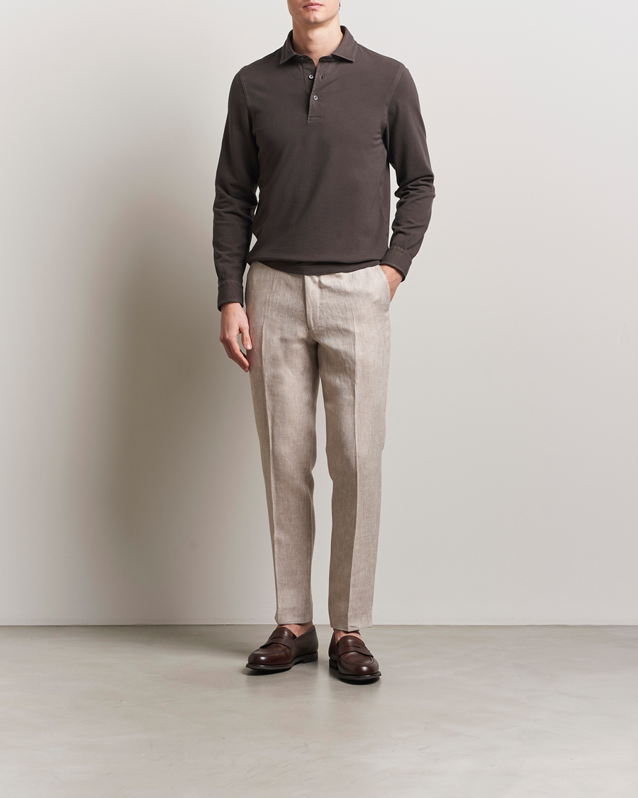 Herre | Polotrøjer | Gran Sasso | Washed Long Sleeve Polo Dark Brown