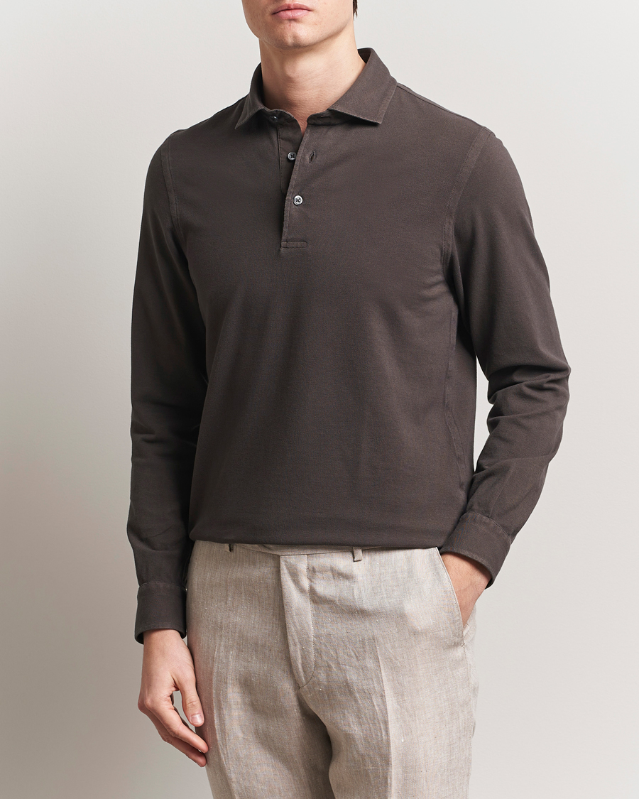 Herre | Polotrøjer | Gran Sasso | Washed Long Sleeve Polo Dark Brown