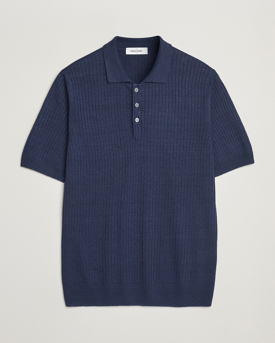 Herre | Polotrøjer | Gran Sasso | Linen/Cotton Structured Knitted Polo Navy Melange