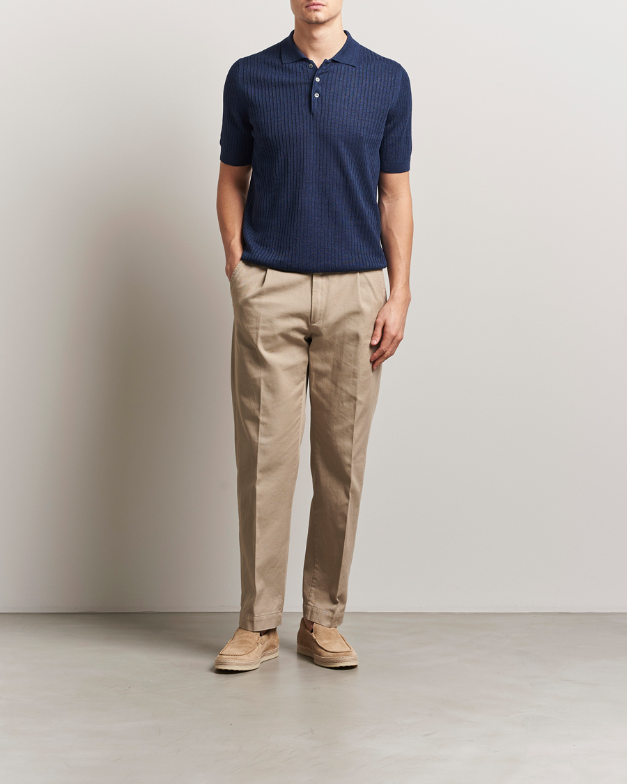 Herre | Polotrøjer | Gran Sasso | Linen/Cotton Structured Knitted Polo Navy Melange