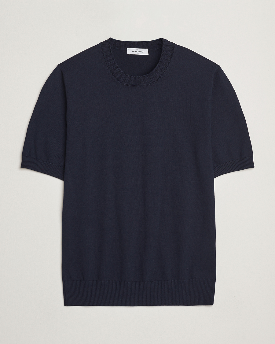 Herre | T-Shirts | Gran Sasso | Cotton Heavy Knitted Crew Neck T-Shirt Navy