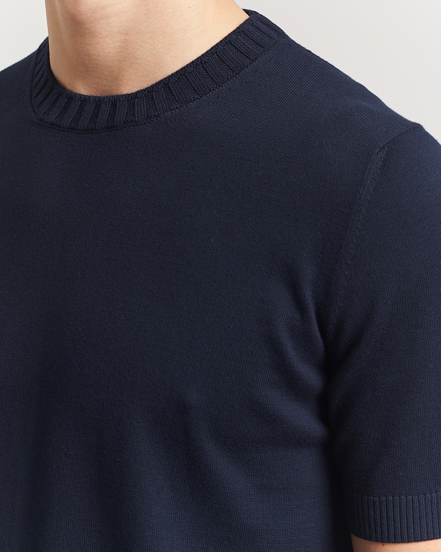 Herre | T-Shirts | Gran Sasso | Cotton Heavy Knitted Crew Neck T-Shirt Navy