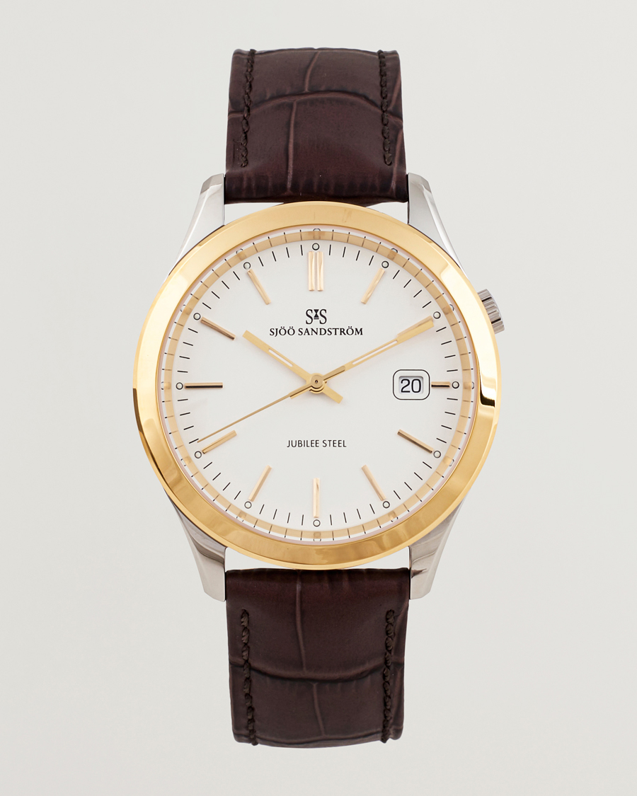Herre | Sjöö Sandström Jubilee Steel Quartz 40mm Gold Bezel White/Brown Calf | Sjöö Sandström | Jubilee Steel Quartz 40mm Gold Bezel White/Brown Calf