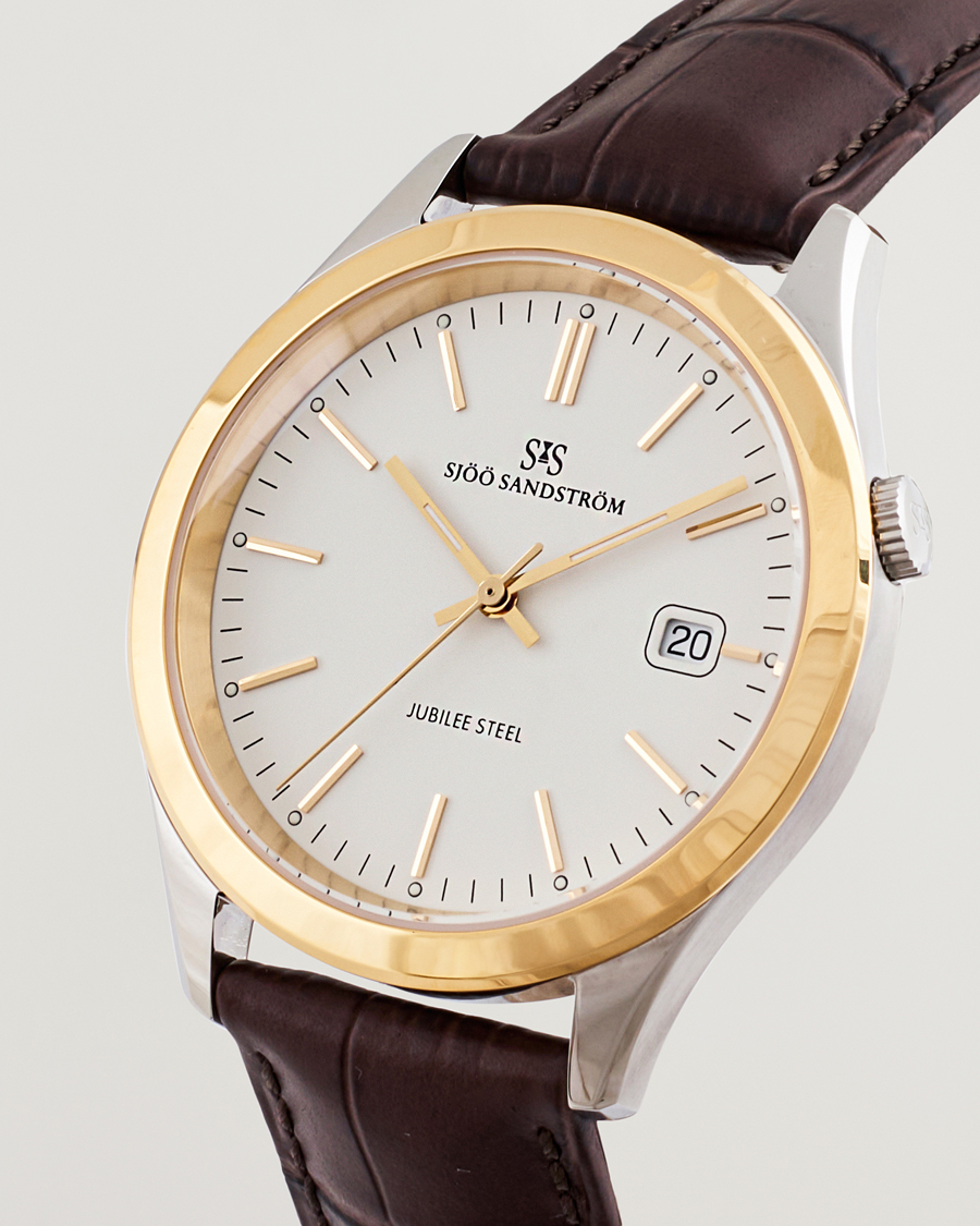 Herre | Sjöö Sandström Jubilee Steel Quartz 40mm Gold Bezel White/Brown Calf | Sjöö Sandström | Jubilee Steel Quartz 40mm Gold Bezel White/Brown Calf