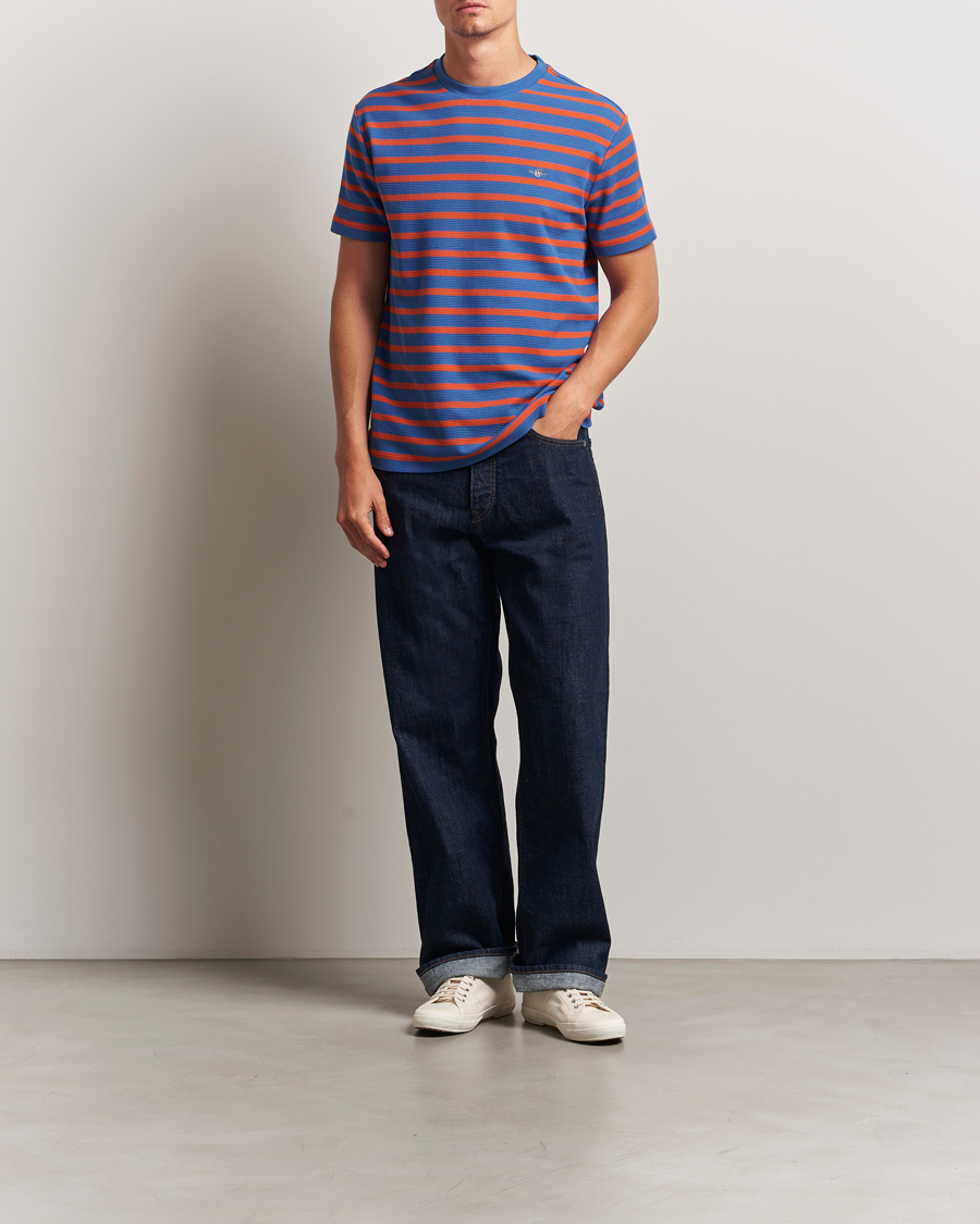 Herre | T-Shirts | GANT | Waffle Textured Striped T-Shirt Rich Blue