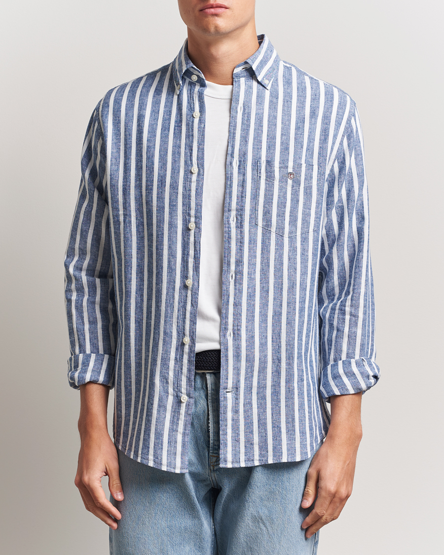 Herre | Skjorter | GANT | Regular Fit Cotton/Linen Striped Shirt Rich Blue