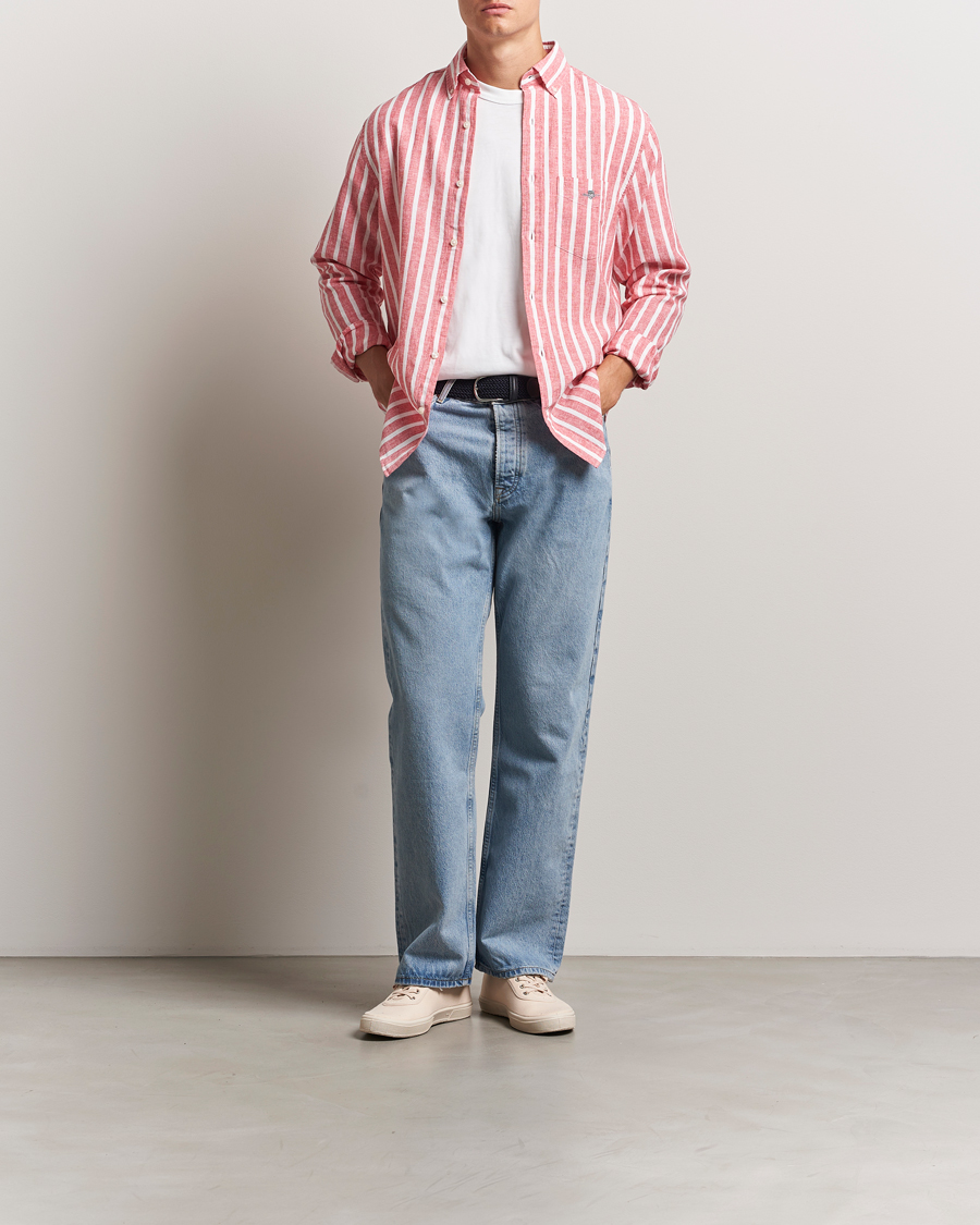 Herre | Skjorter | GANT | Regular Fit Cotton/Linen Striped Shirt Watermelon Red