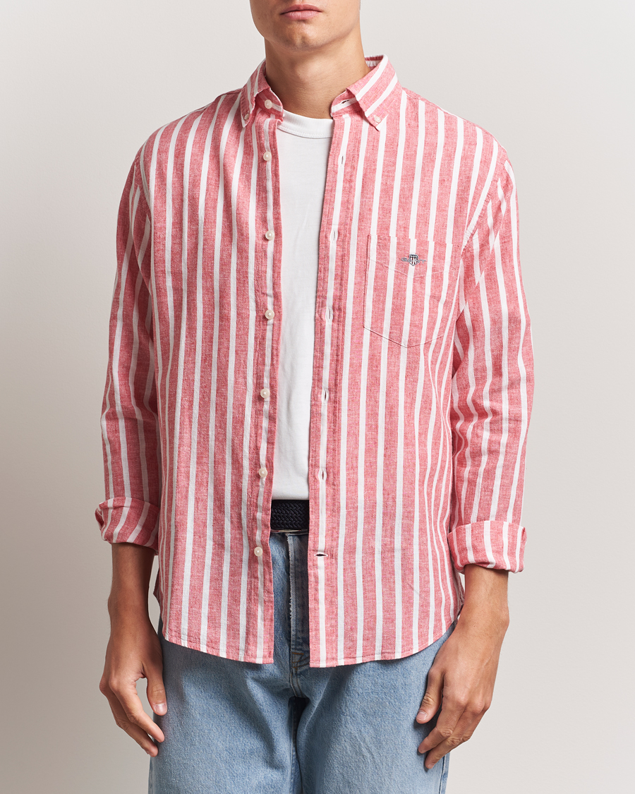 Herre | Skjorter | GANT | Regular Fit Cotton/Linen Striped Shirt Watermelon Red