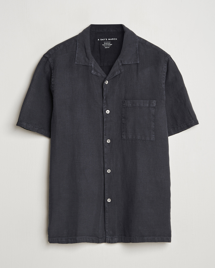 Herre | Skjorter | A Day's March | Yamu Linen Short Sleeve Shirt Off Black