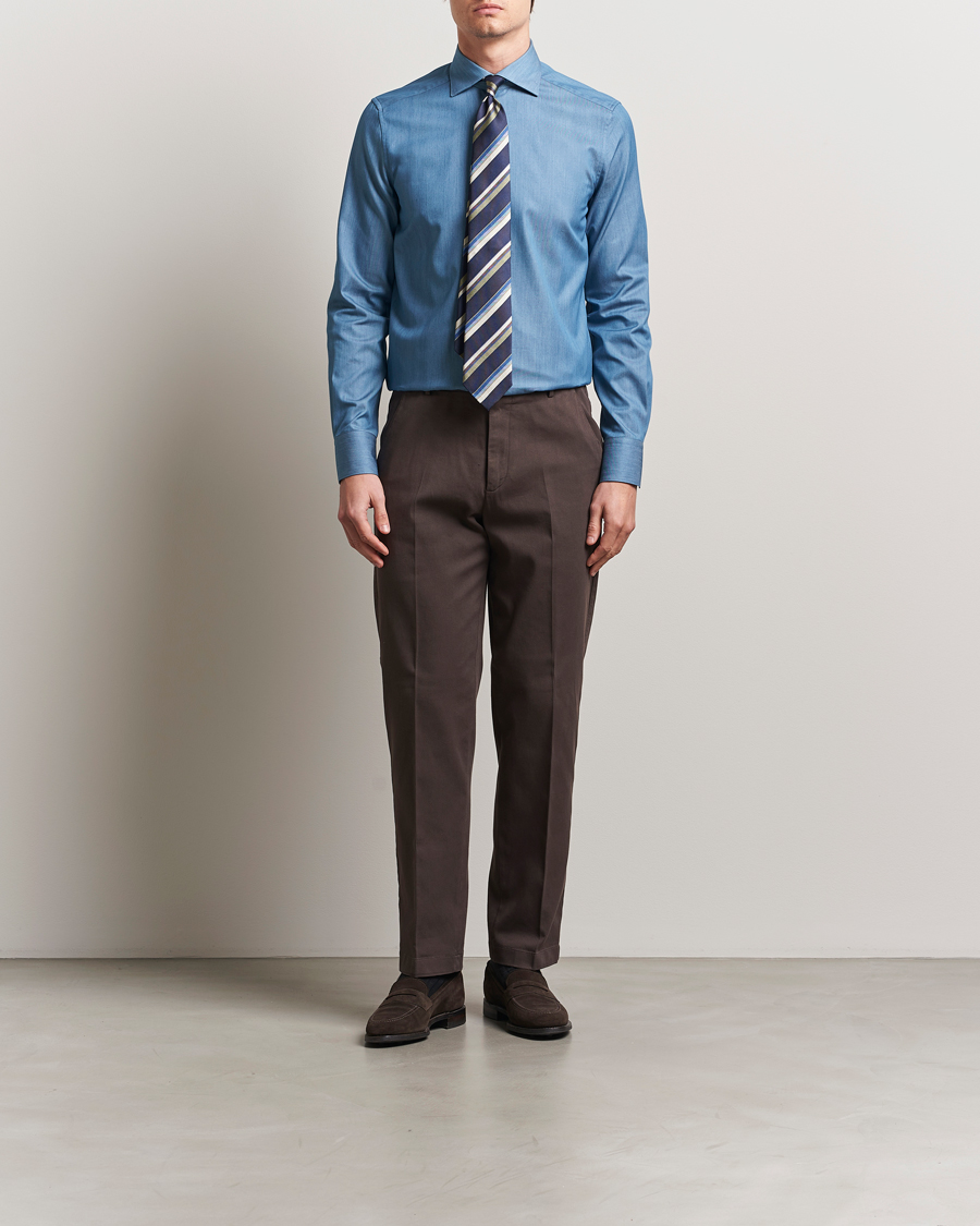 Herre | Skjorter | Stenströms | 1899 Slim Twofold Cotton Denim Shirt Mid Blue