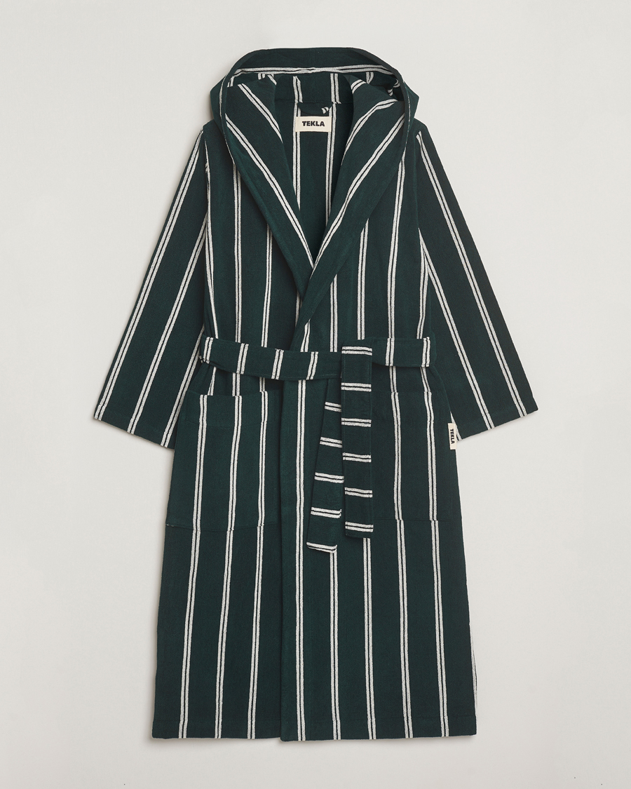 Herre | Pyjamas & Morgenkåber | Tekla | Organic Terry Hooded Bathrobe Forest Green Stripes