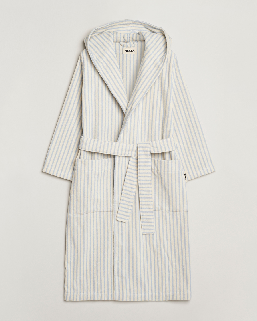 Herre | Pyjamas & Morgenkåber | Tekla | Organic Terry Hooded Bathrobe Soft Blue Stripes