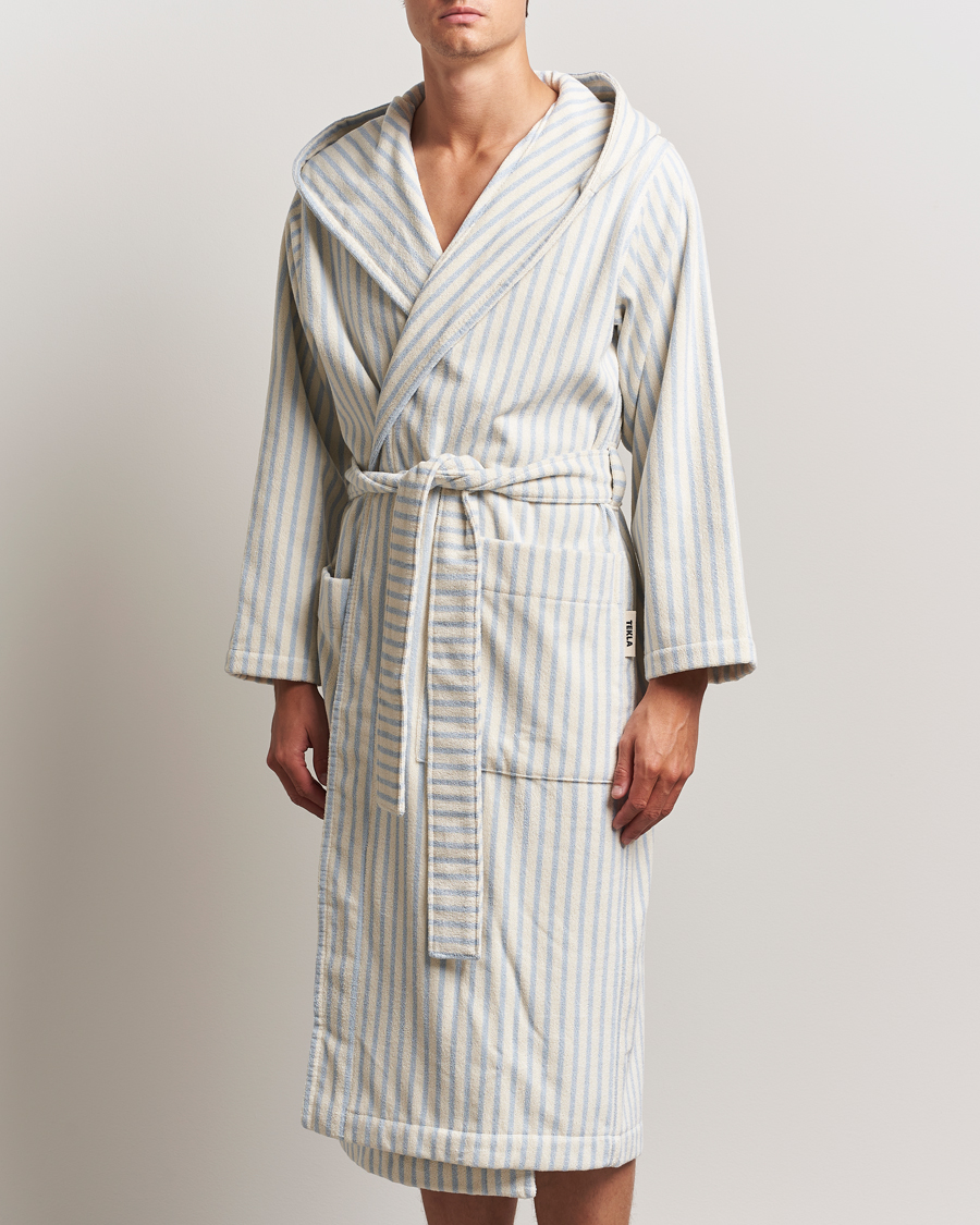 Herre | Pyjamas & Morgenkåber | Tekla | Organic Terry Hooded Bathrobe Soft Blue Stripes