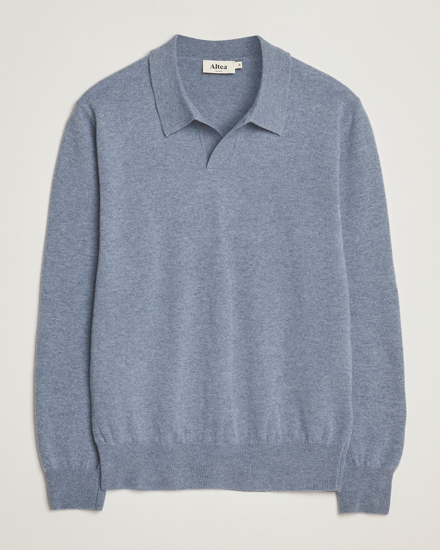 Herre | Trøjer | Altea | Long Sleeve Knitted Wool Polo Blue Melange