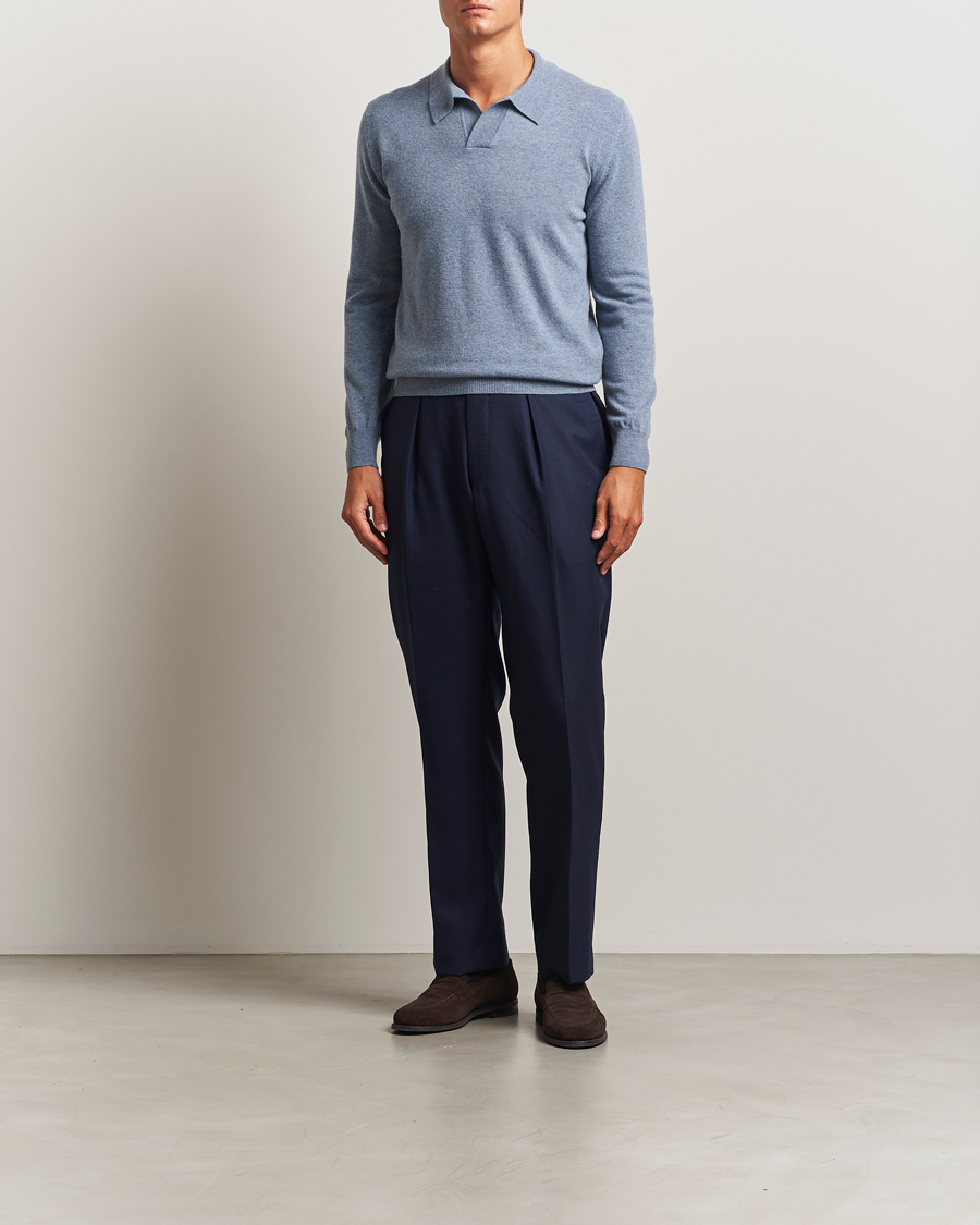 Herre | Trøjer | Altea | Long Sleeve Knitted Wool Polo Blue Melange