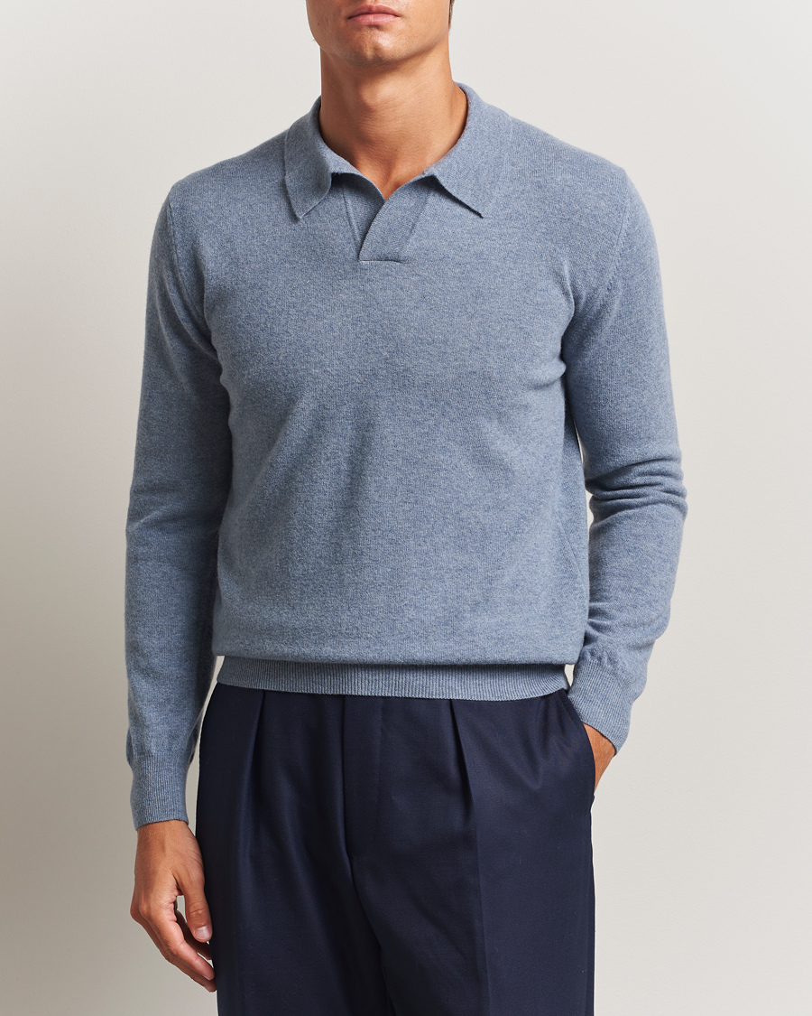 Herre | Trøjer | Altea | Long Sleeve Knitted Wool Polo Blue Melange
