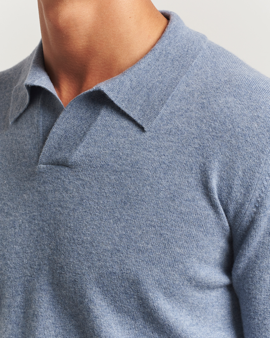 Herre | Trøjer | Altea | Long Sleeve Knitted Wool Polo Blue Melange
