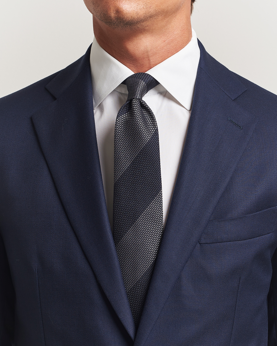 Herre | Slips | Amanda Christensen | Silk Grenadine Blockstriped 8cm Tie Navy/Grey