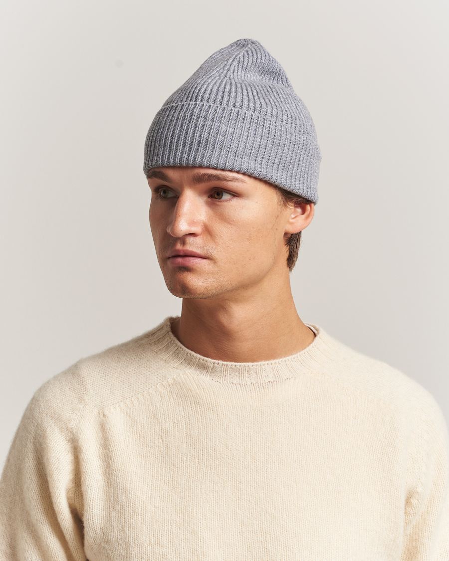 Herre | Huer | Amanda Christensen | Rib Knitted Merino Wool Cap Light Grey Melange