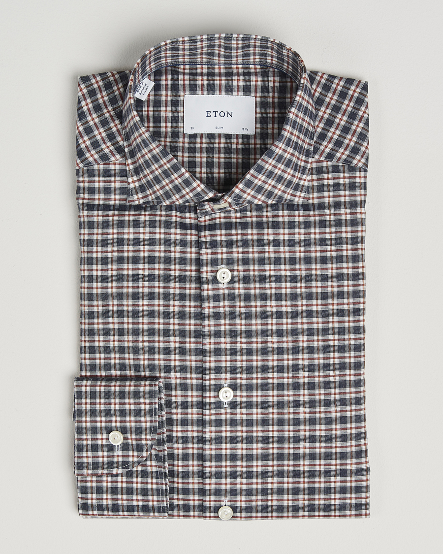 Herre | Skjorter | Eton | Slim Fit Checked Wrinkle Free Flannel Shirt Dark Blue