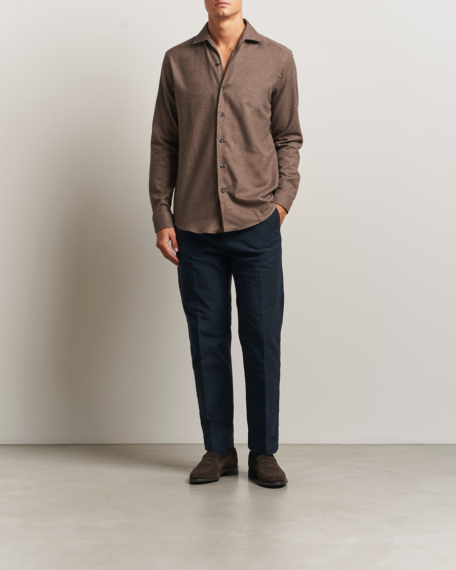 Herre | Skjorter | Eton | Casual Fit One Piece Collar Flannel Shirt Brown