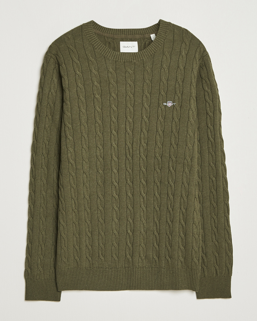 Herre | Trøjer | GANT | Cotton Cable Crew Neck Pullover Khaki Green Melange