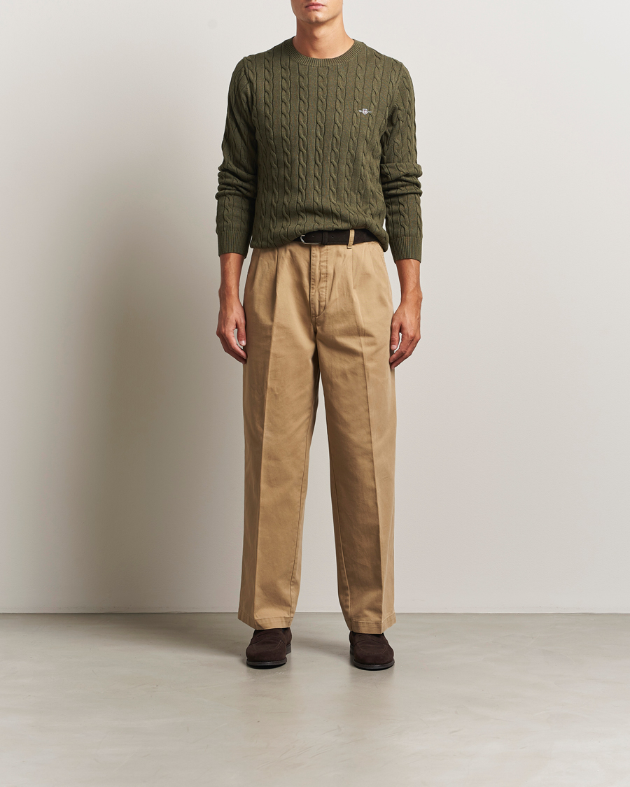 Herre | Trøjer | GANT | Cotton Cable Crew Neck Pullover Khaki Green Melange