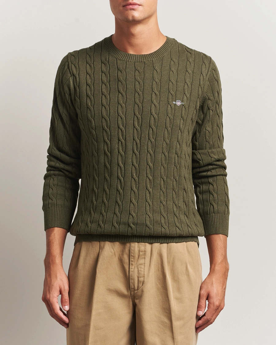 Herre | Trøjer | GANT | Cotton Cable Crew Neck Pullover Khaki Green Melange