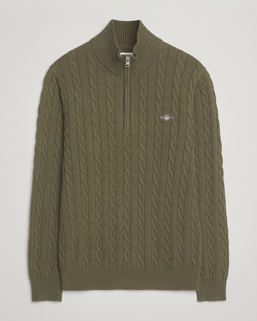 Herre | Trøjer | GANT | Cotton Cable Half Zip Khaki Green Melange