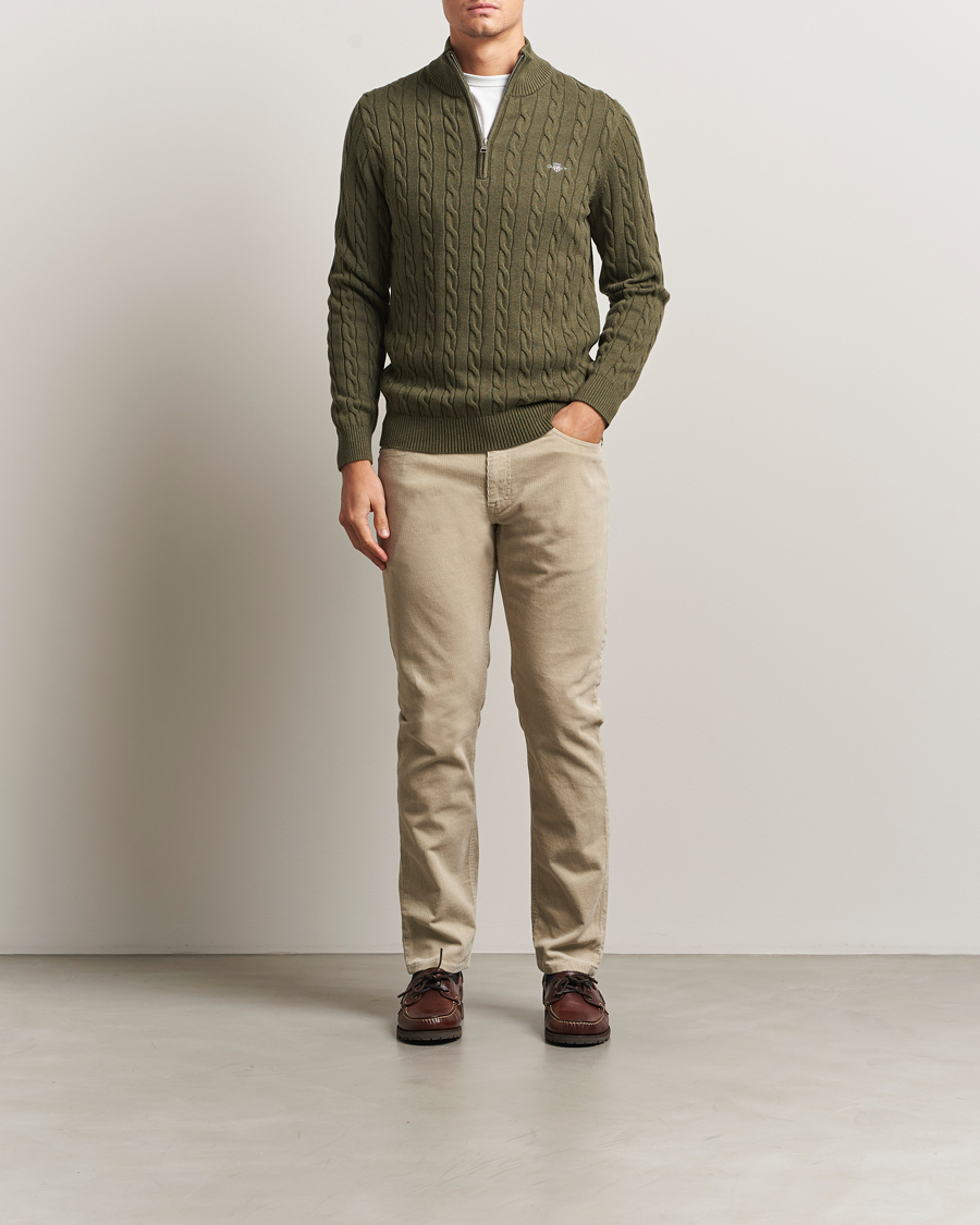 Herre | Trøjer | GANT | Cotton Cable Half Zip Khaki Green Melange