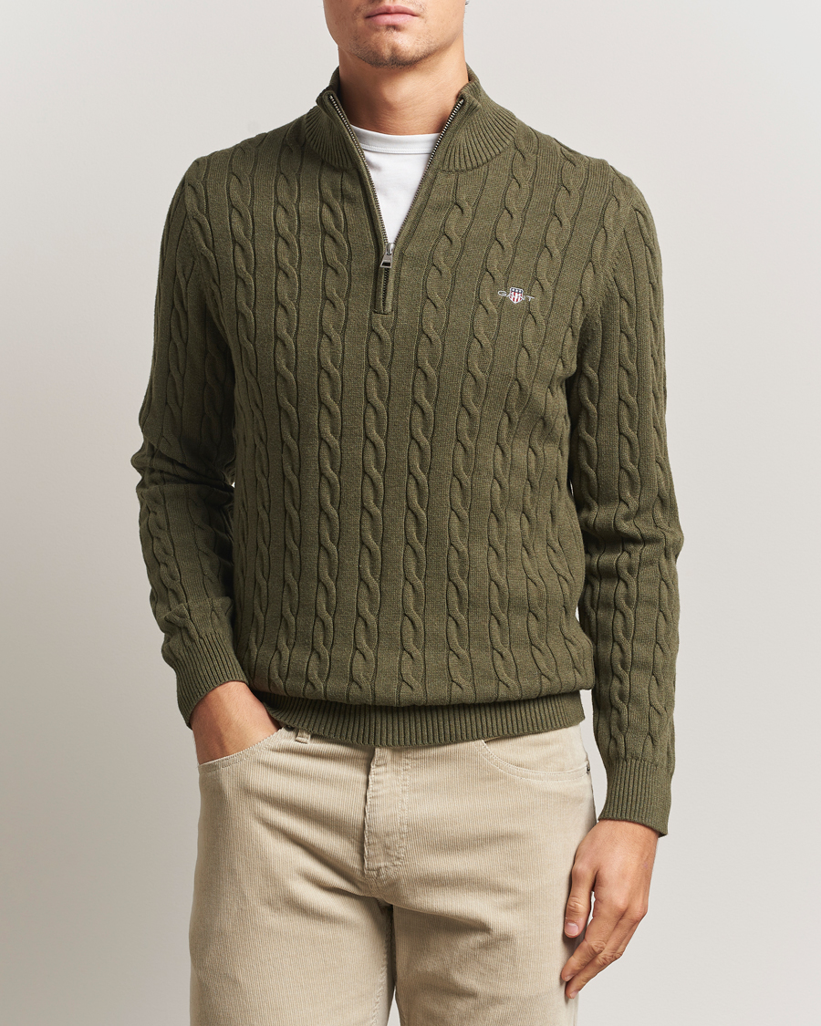 Herre | Trøjer | GANT | Cotton Cable Half Zip Khaki Green Melange