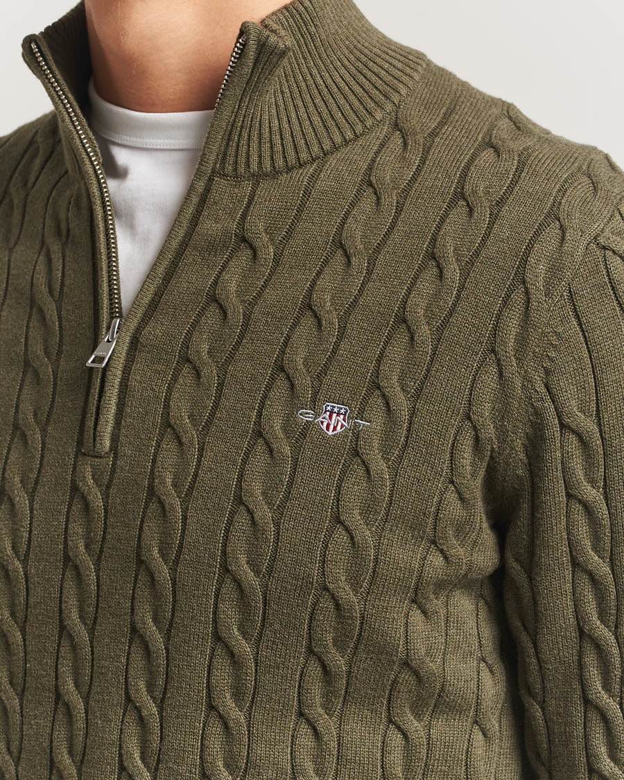 Herre | Trøjer | GANT | Cotton Cable Half Zip Khaki Green Melange