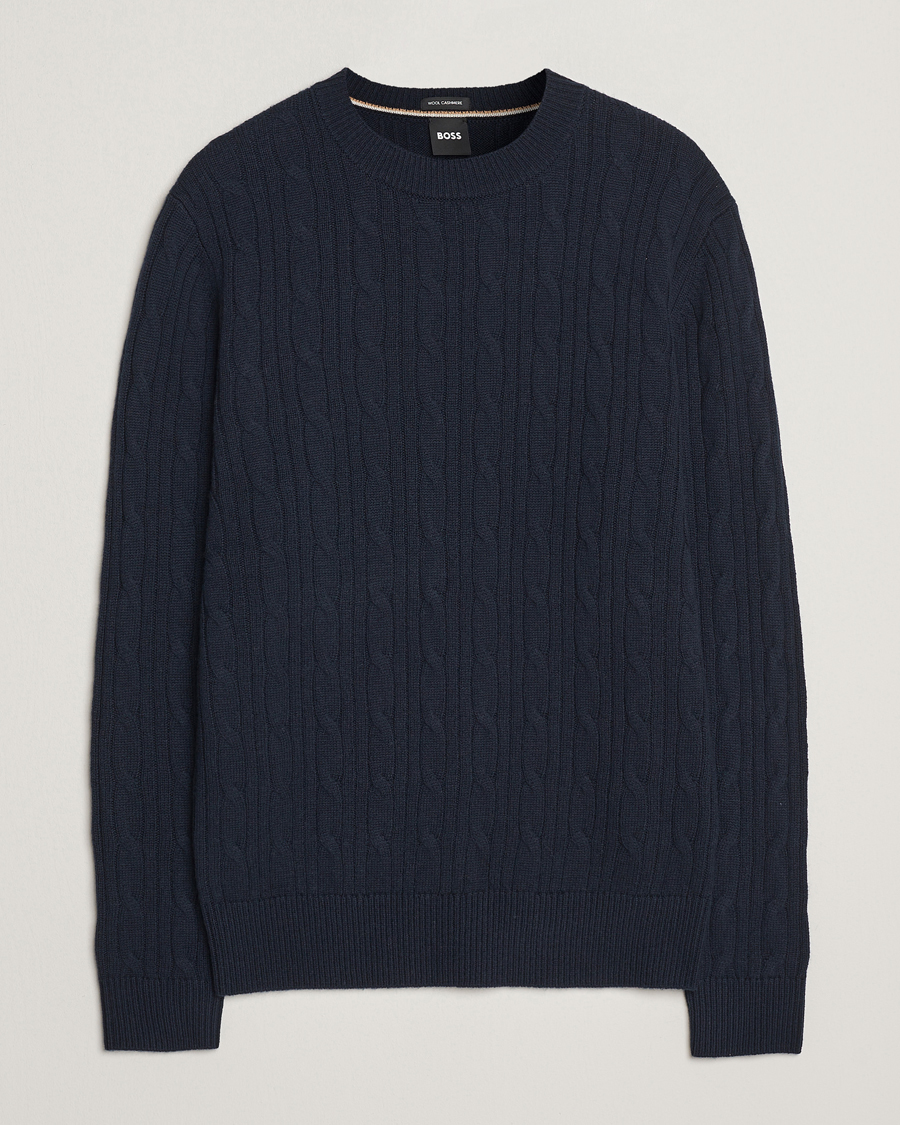 Herre | Trøjer | BOSS BLACK | Hetico Wool/Cashmere Cable Sweater Dark Blue