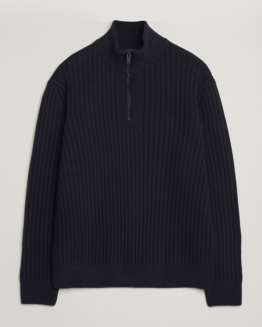 Herre | Trøjer | BOSS ORANGE | Kwinter Ribbed Wool Knitted Half Zip Dark Blue