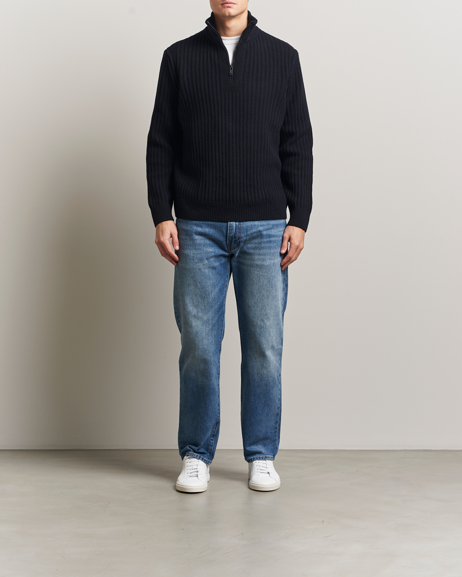 Herre | Trøjer | BOSS ORANGE | Kwinter Ribbed Wool Knitted Half Zip Dark Blue