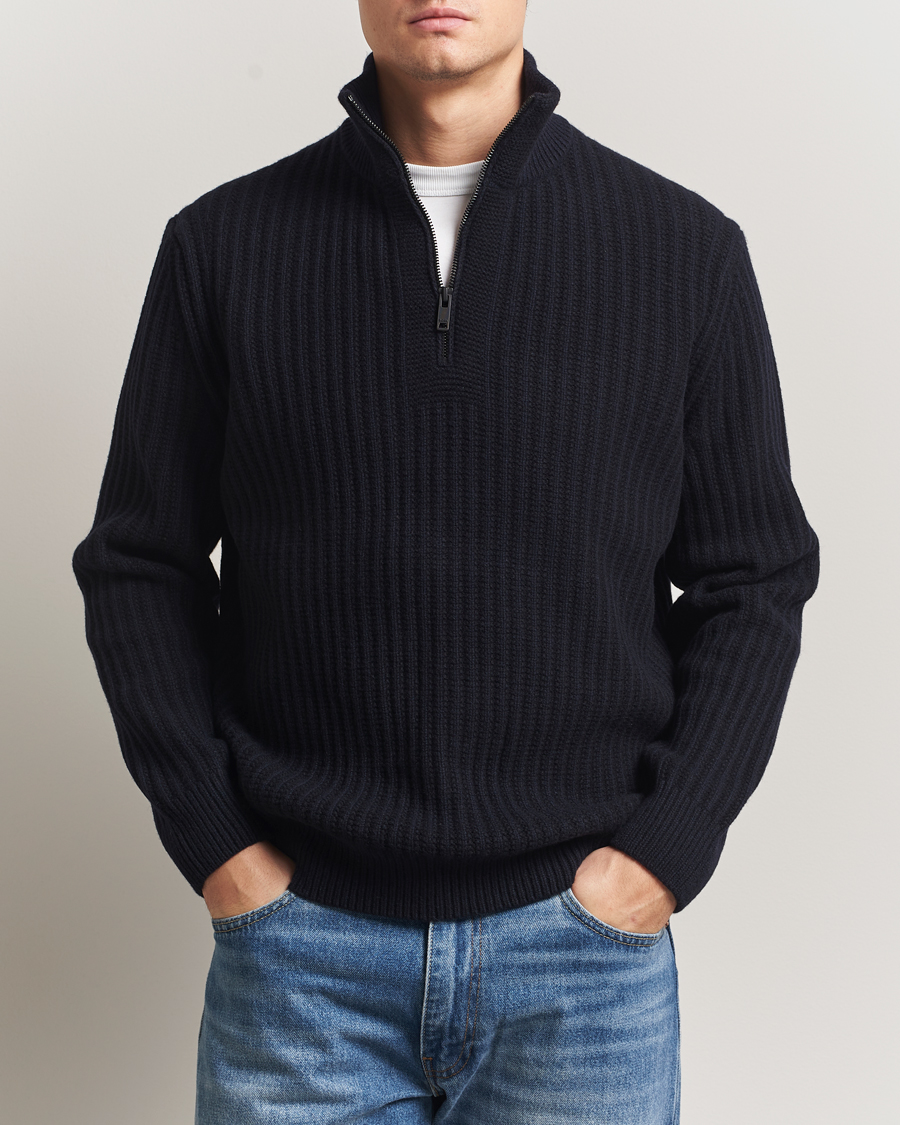 Herre | Trøjer | BOSS ORANGE | Kwinter Ribbed Wool Knitted Half Zip Dark Blue