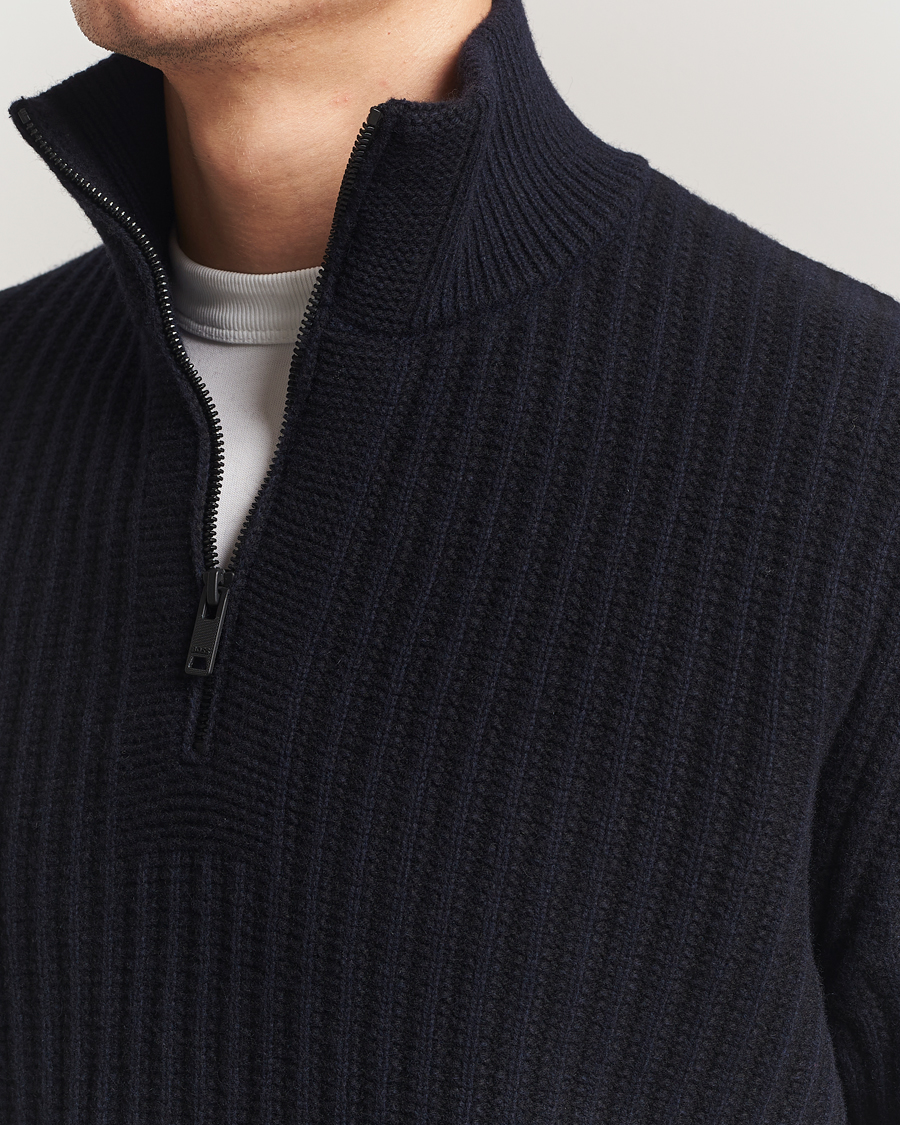 Herre | Trøjer | BOSS ORANGE | Kwinter Ribbed Wool Knitted Half Zip Dark Blue