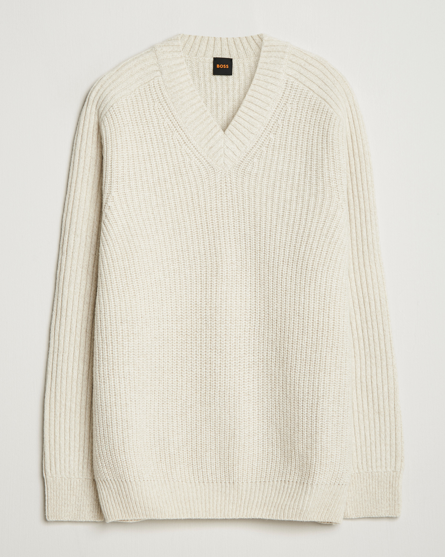 Herre | Trøjer | BOSS ORANGE | Karinet Ribbed Wool Knitted V-Neck Light Beige