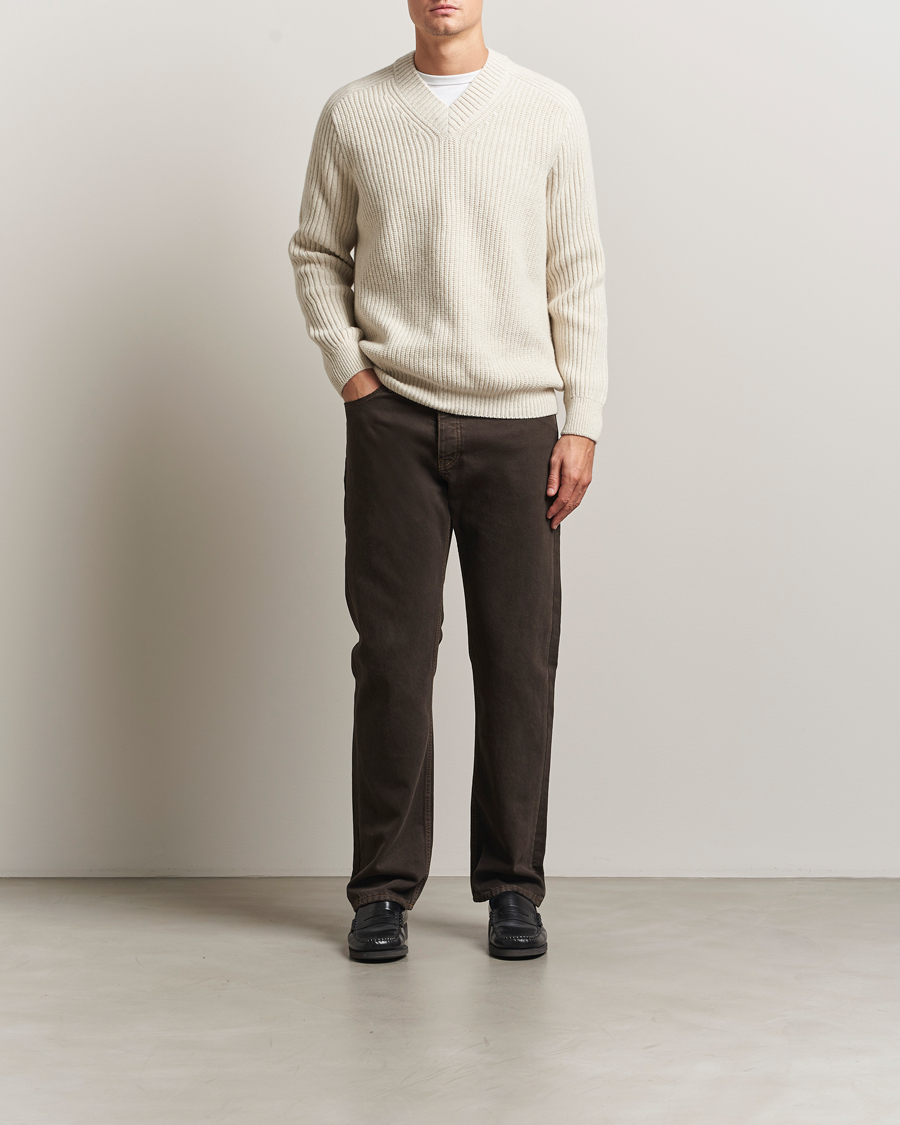 Herre | Trøjer | BOSS ORANGE | Karinet Ribbed Wool Knitted V-Neck Light Beige