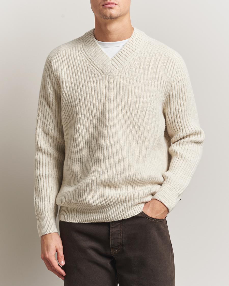 Herre | Trøjer | BOSS ORANGE | Karinet Ribbed Wool Knitted V-Neck Light Beige