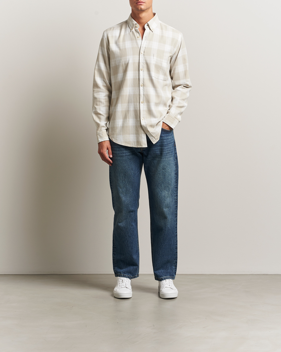 Herre | Skjorter | BOSS ORANGE | Rickert Brushed Cotton Checked Shirt Light Beige