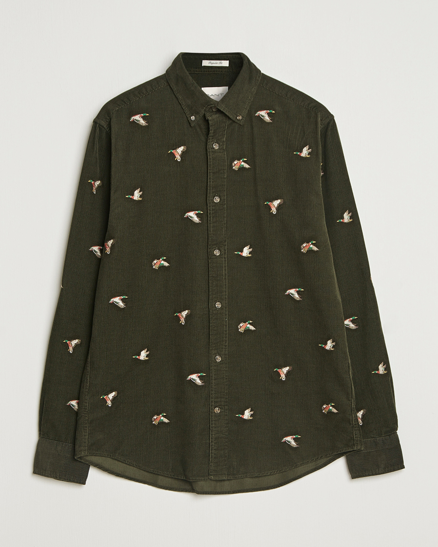Herre | Skjorter | GANT | Regular Fit Embroidered Corduroy Shirt Green Lagoon
