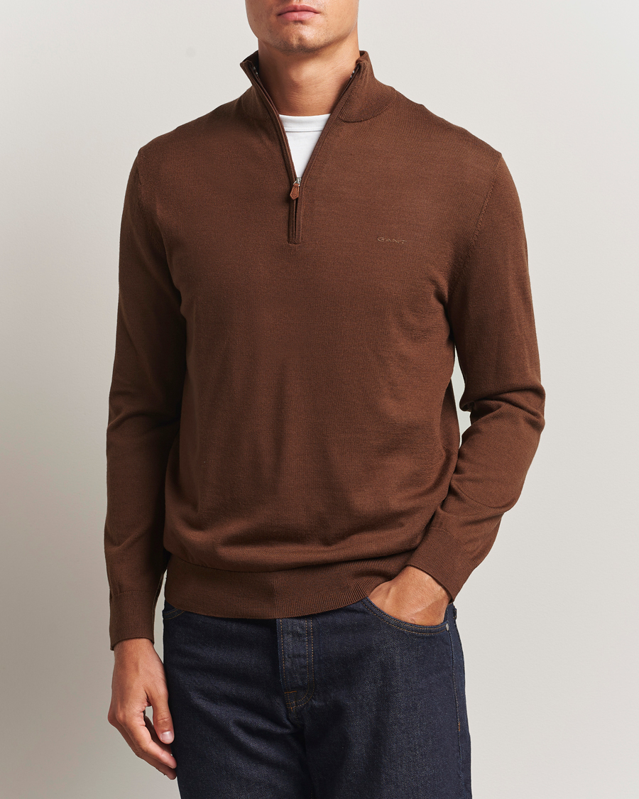 Herre | Trøjer | GANT | Extrafine Merino Wool Half Zip Mahogany Brown
