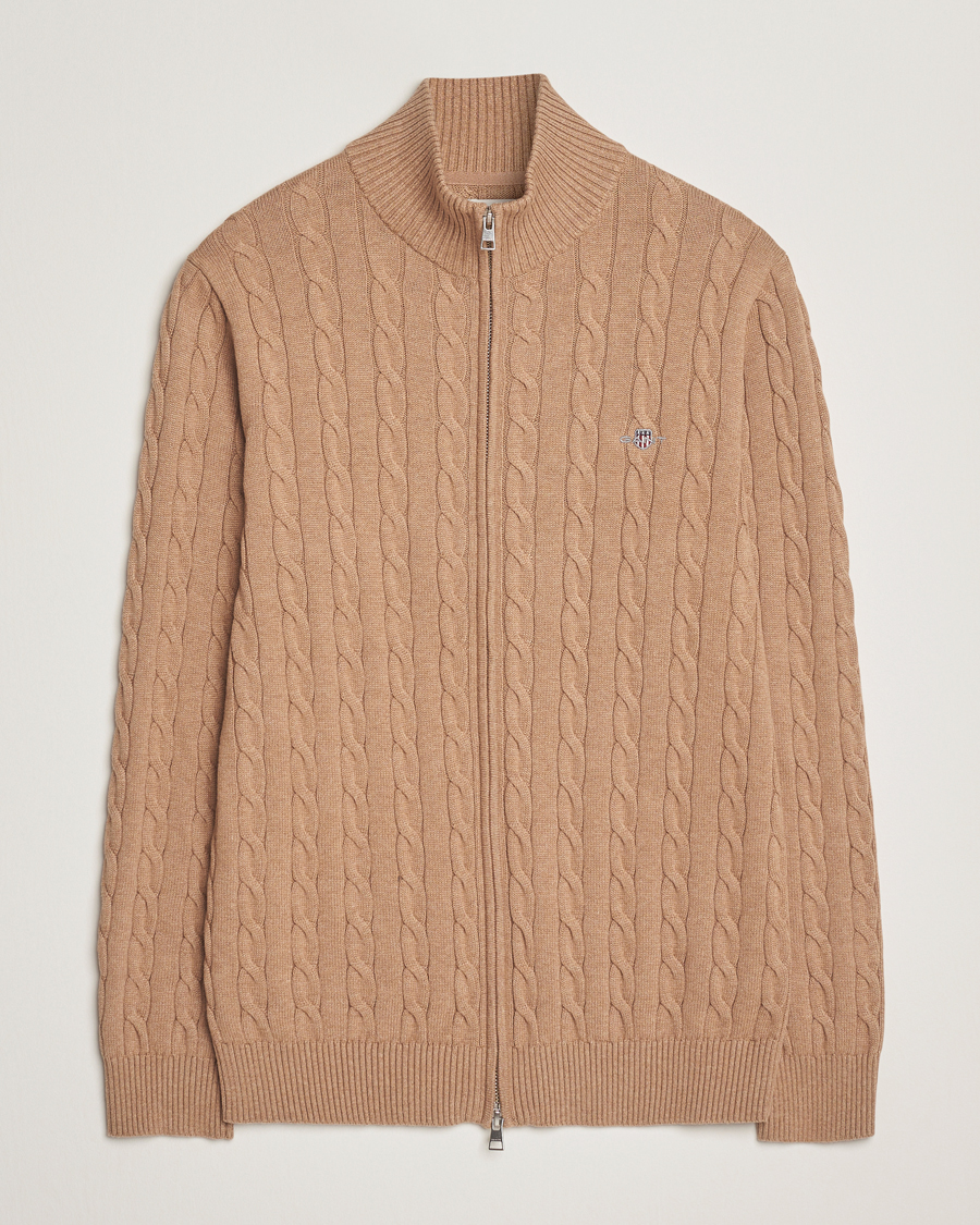 Herre | Trøjer | GANT | Cotton Cable Full Zip Dark Sand Melange