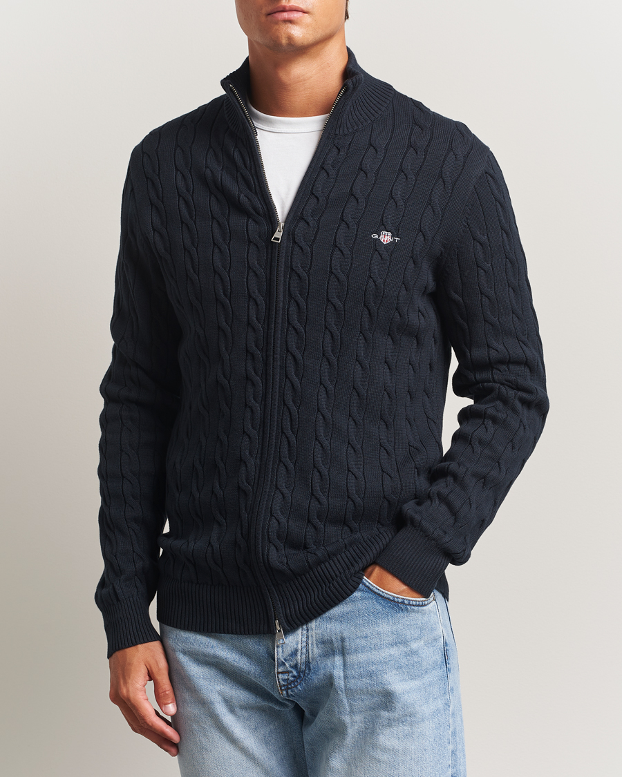 Herre | Trøjer | GANT | Cotton Cable Full Zip Evening Blue