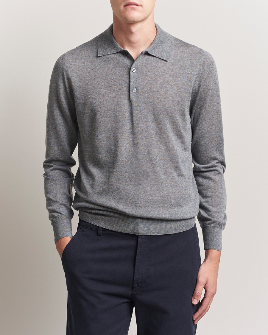 Herre | Trøjer | Canali | Merino Wool Long Sleeve Polo Light Grey